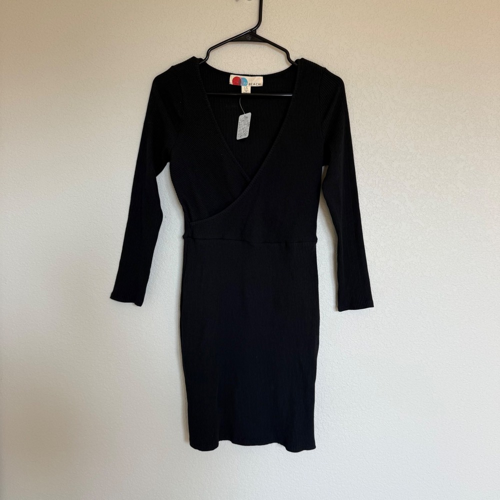 Free People Beach Black Ribbed Long Sleeve Mini Dress V-neck Faux Wrap NEW NWT L